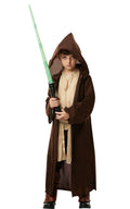 Boy in the Star Wars Jedi Deluxe Robe, a long brown hooded robe worn over a Jedi tunic