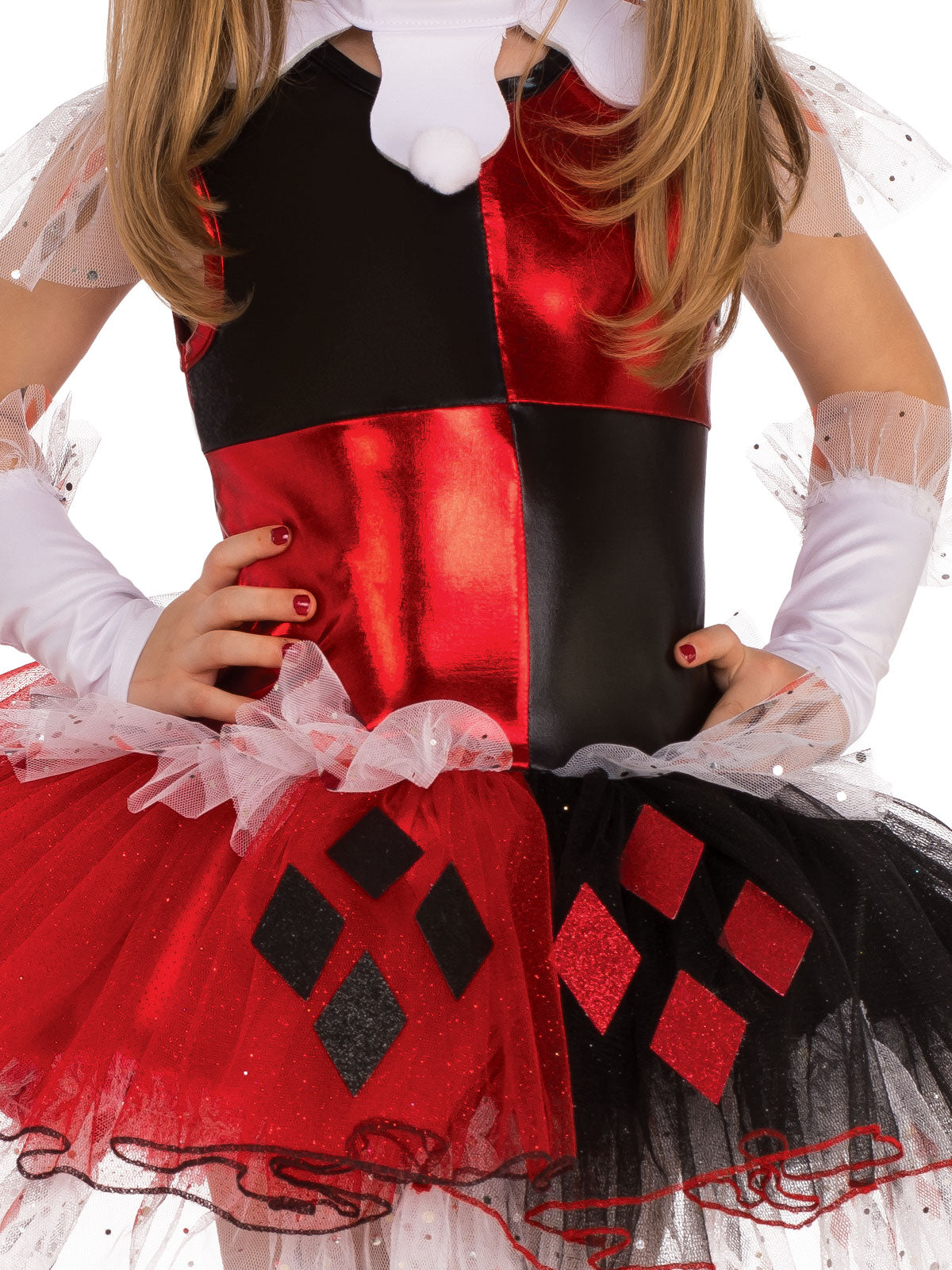 Close-up of the Harley Quinn Deluxe red and black satin bodice and tulle tutu with diamond appliques