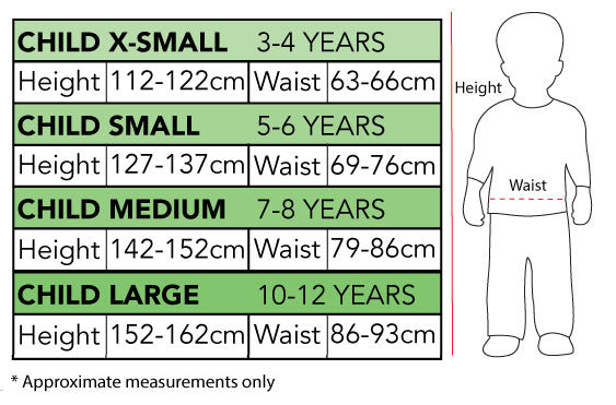 Size chart for the Harley Quinn Deluxe Costume, Child
