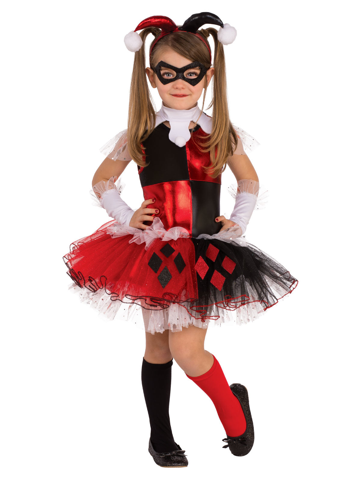 Girl in the DC Harley Quinn Deluxe jester dress with a red and black tutu, white glovelets and jester headband