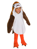 Child in a Porg costume with brown faux fur sleeves, white front, printed face hood and orange feet