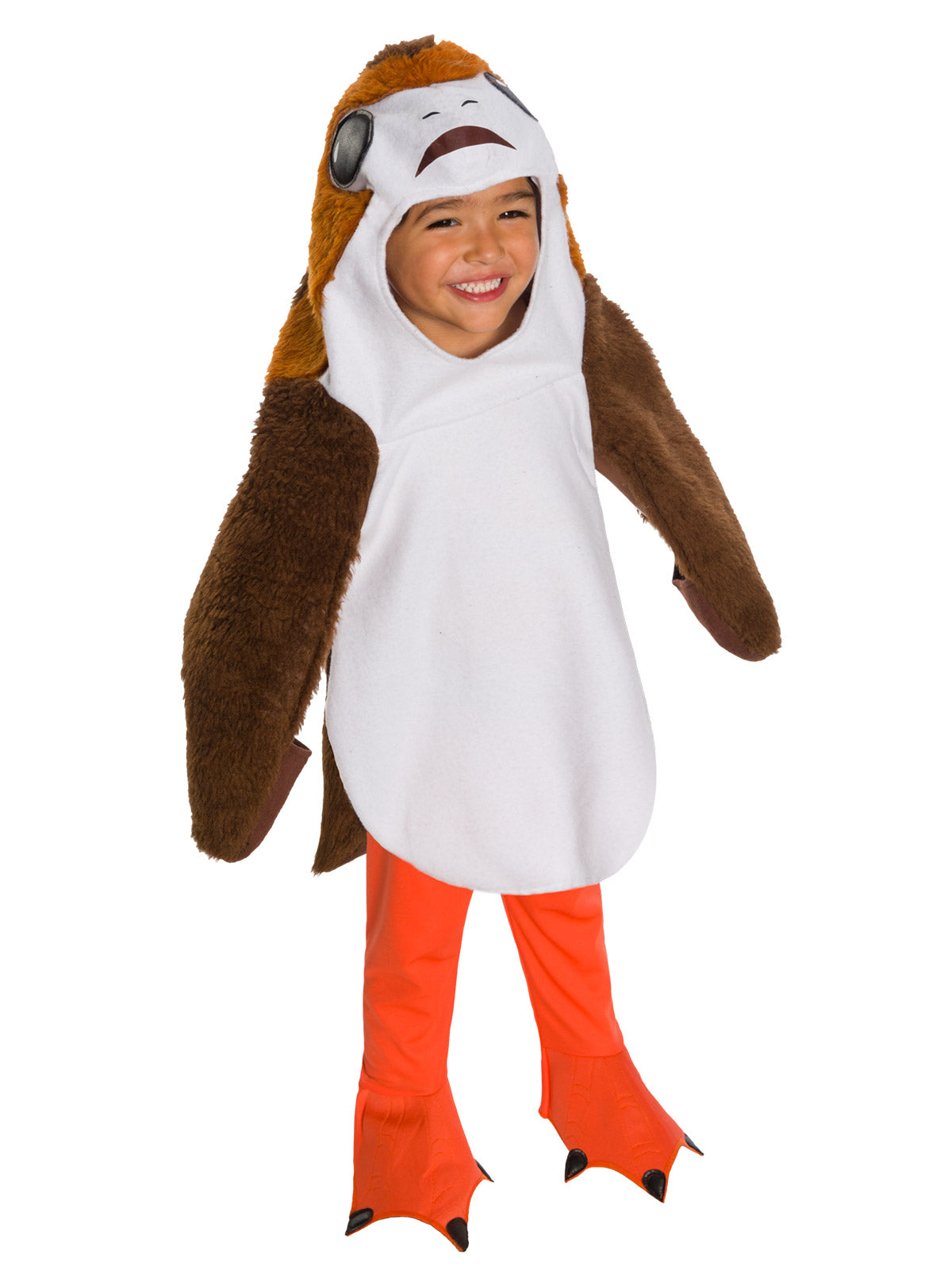 Child in a Porg costume with brown faux fur sleeves, white front, printed face hood and orange feet