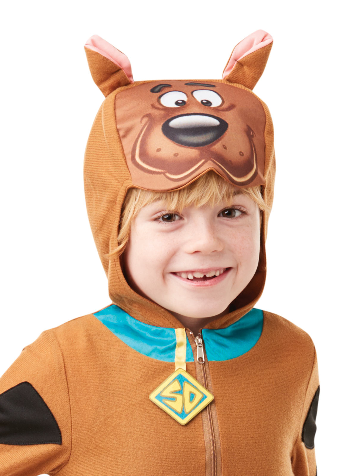 Close-up of the Scooby-Doo hood with printed face, ears and blue collar with SD tag