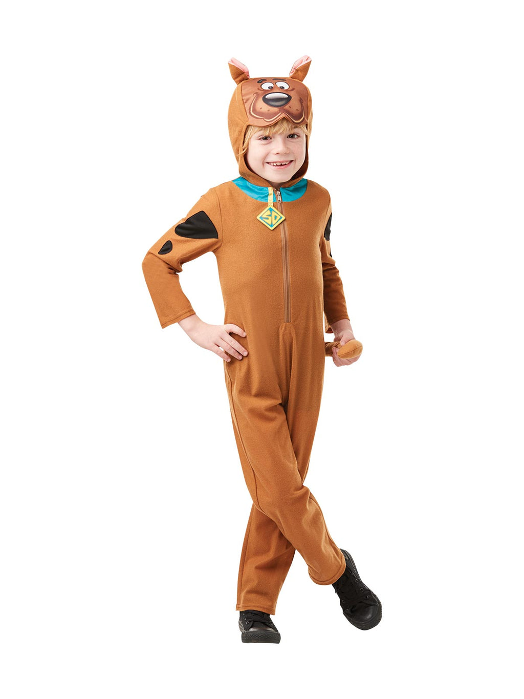 Child in a brown Scooby-Doo hooded jumpsuit with black spots, blue collar and SD dog tag