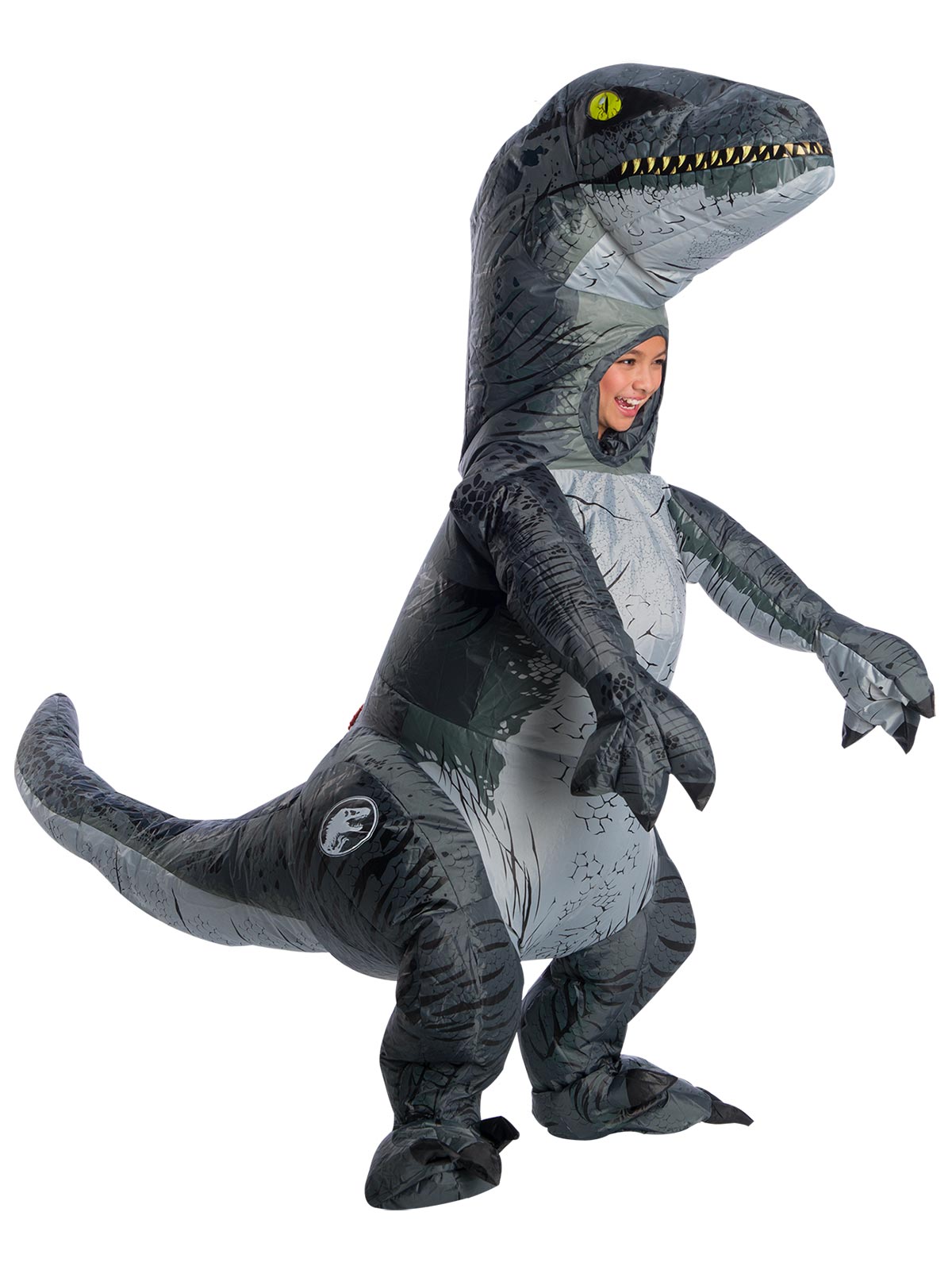 Child in an inflatable Velociraptor Blue suit with see-through neck port and clawed gloves