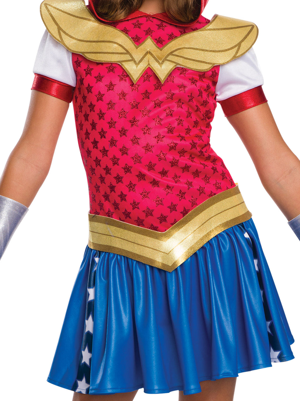Close-up of the Wonder Woman hoodie dress's glitter logo collar, star bodice and gold belt
