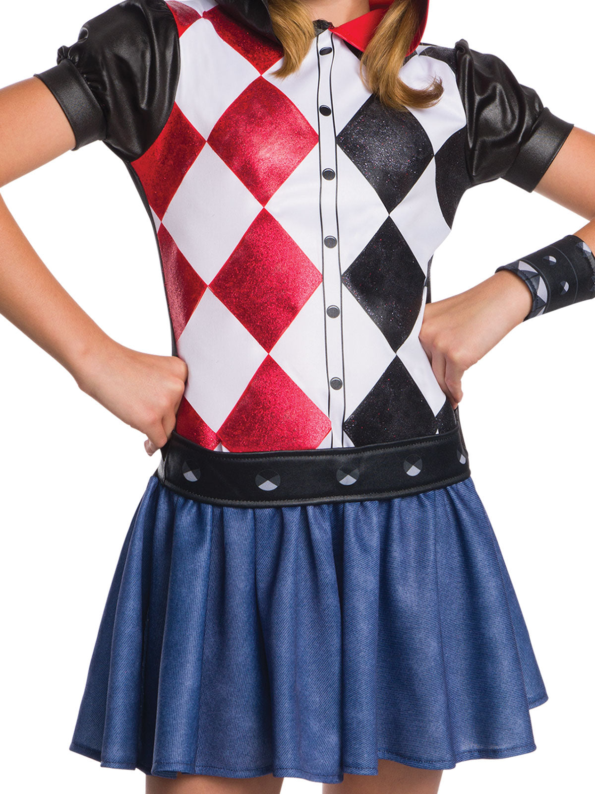 Close-up of the Harley Quinn hoodie dress with red, white and black diamond top and blue denim-look skirt