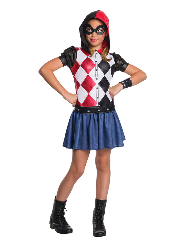 Girl in the DC Super Hero Girls Harley Quinn hoodie dress with red and white diamonds and a blue skirt