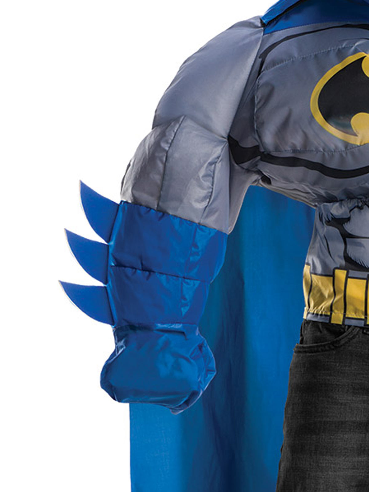 Close-up of the inflatable Batman top's padded grey arm and blue finned glove