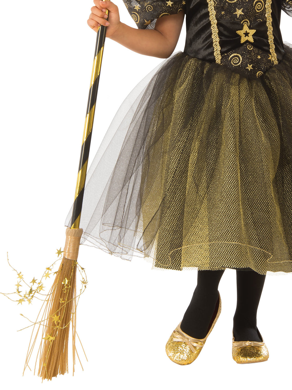 Close-up of the Golden Star Witch dress with a gold glitter tulle skirt