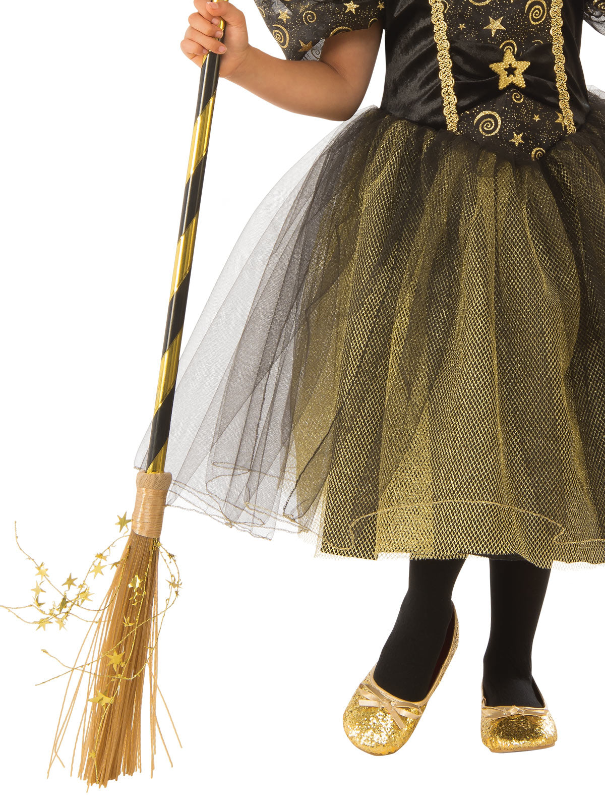 Close-up of the Golden Star Witch dress with a gold glitter tulle skirt
