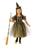 Girl in the Golden Star Witch costume with a black and gold star dress, tulle skirt and pointed hat