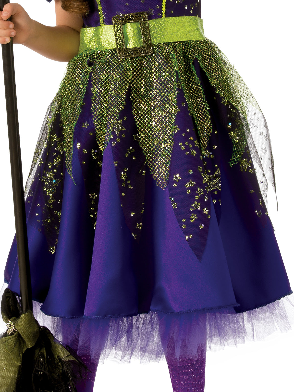 Close-up of the Twilight Witch dress's gold-flecked tulle overlay, purple satin skirt and green belt