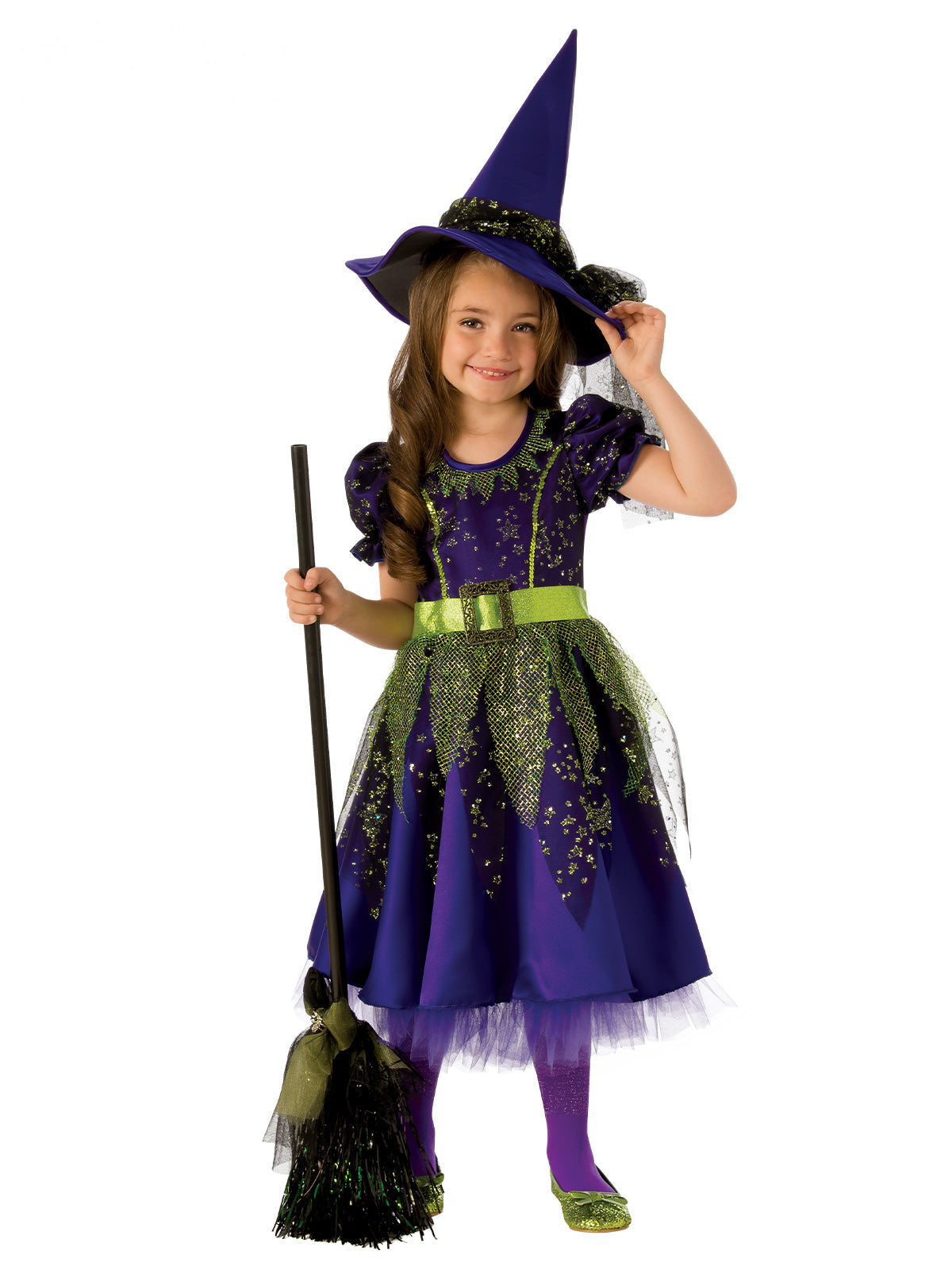 Girl wearing a purple Twilight Witch dress with glitter tulle overlay, green belt, puff sleeves and witch hat