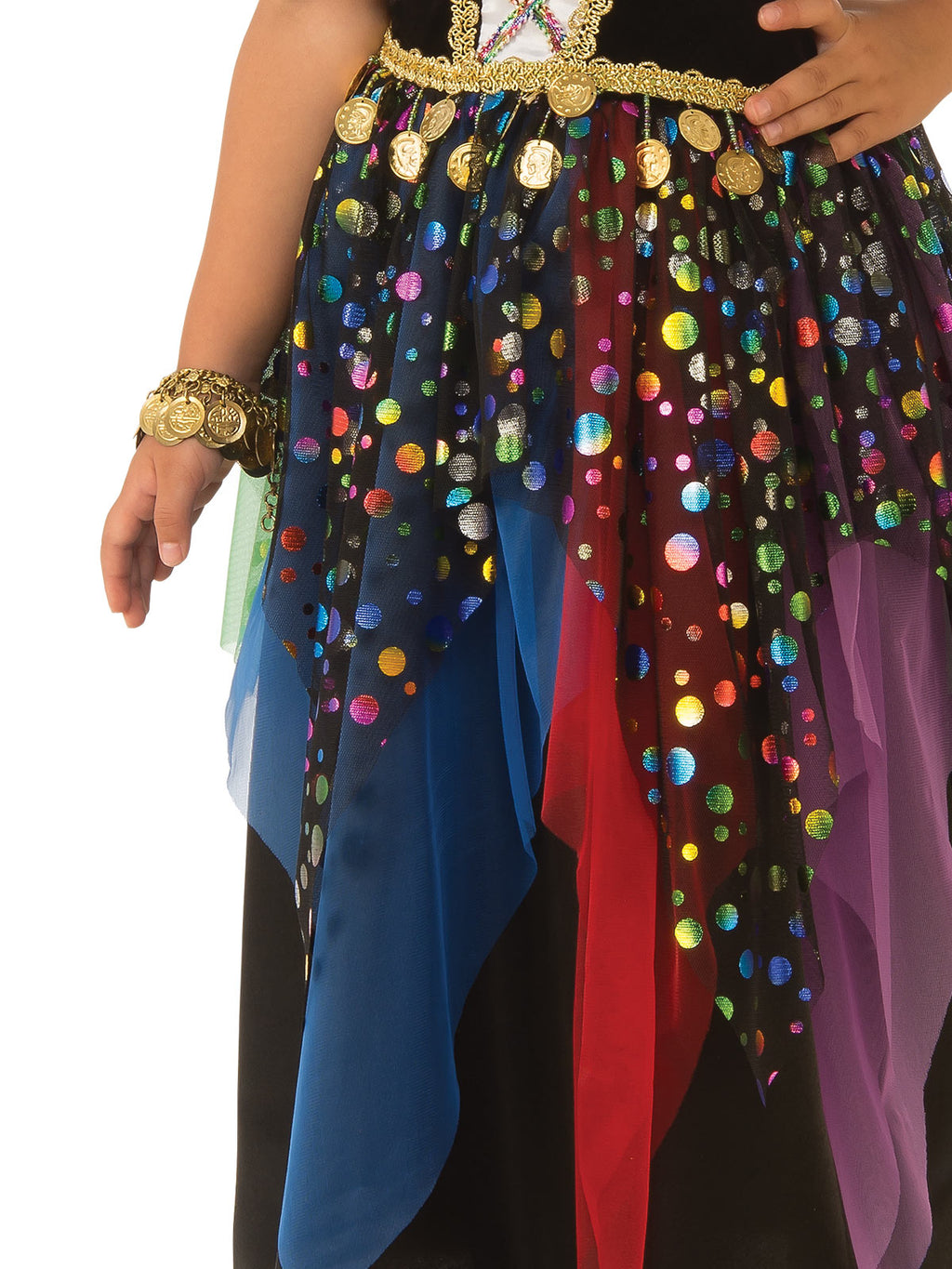 Close-up of the Gypsy skirt with colourful coin print and pointed blue, red and purple panels