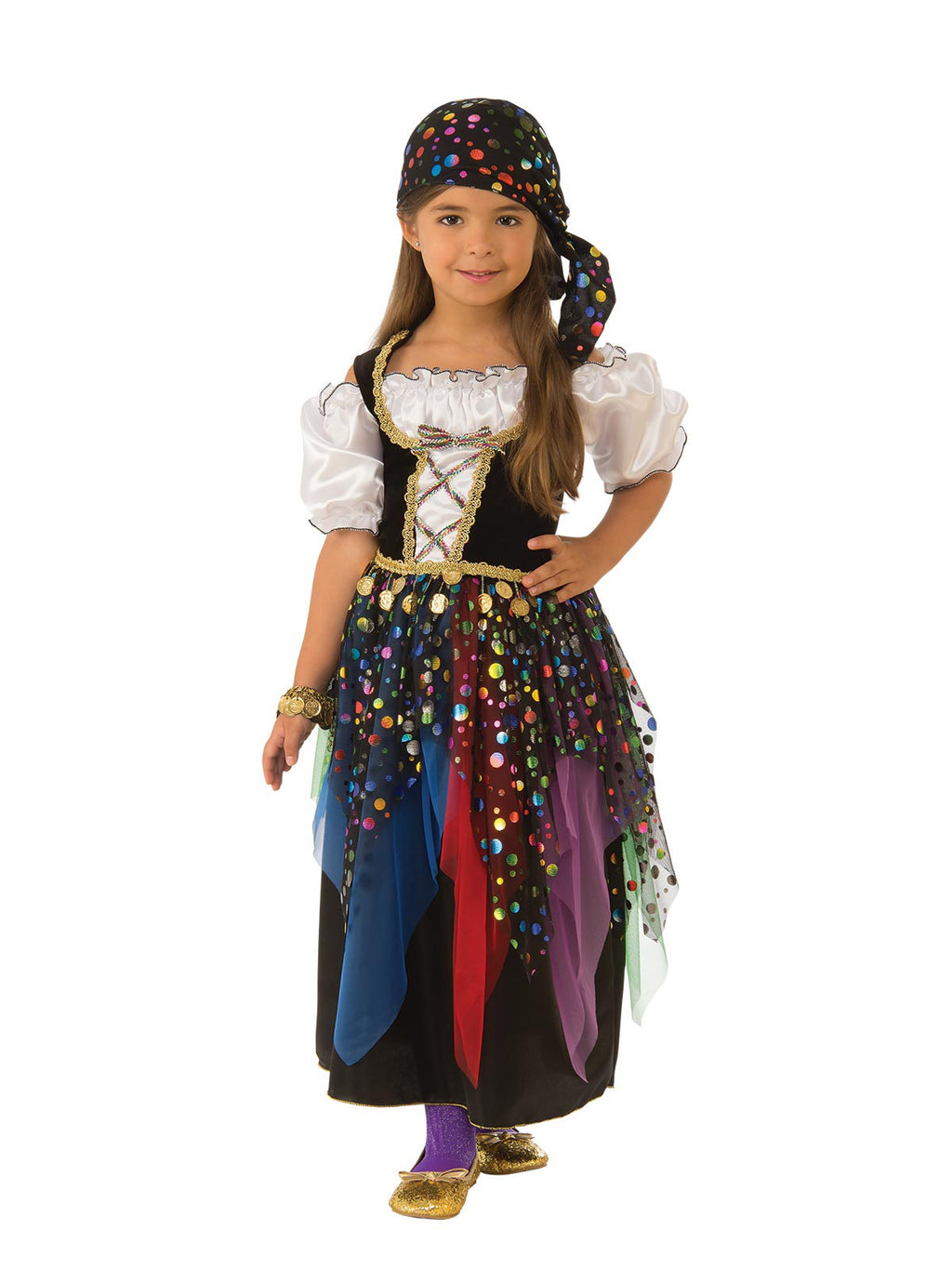 Girl in the Gypsy costume with a white peasant blouse, black bodice, jewel-print ragged skirt and headscarf