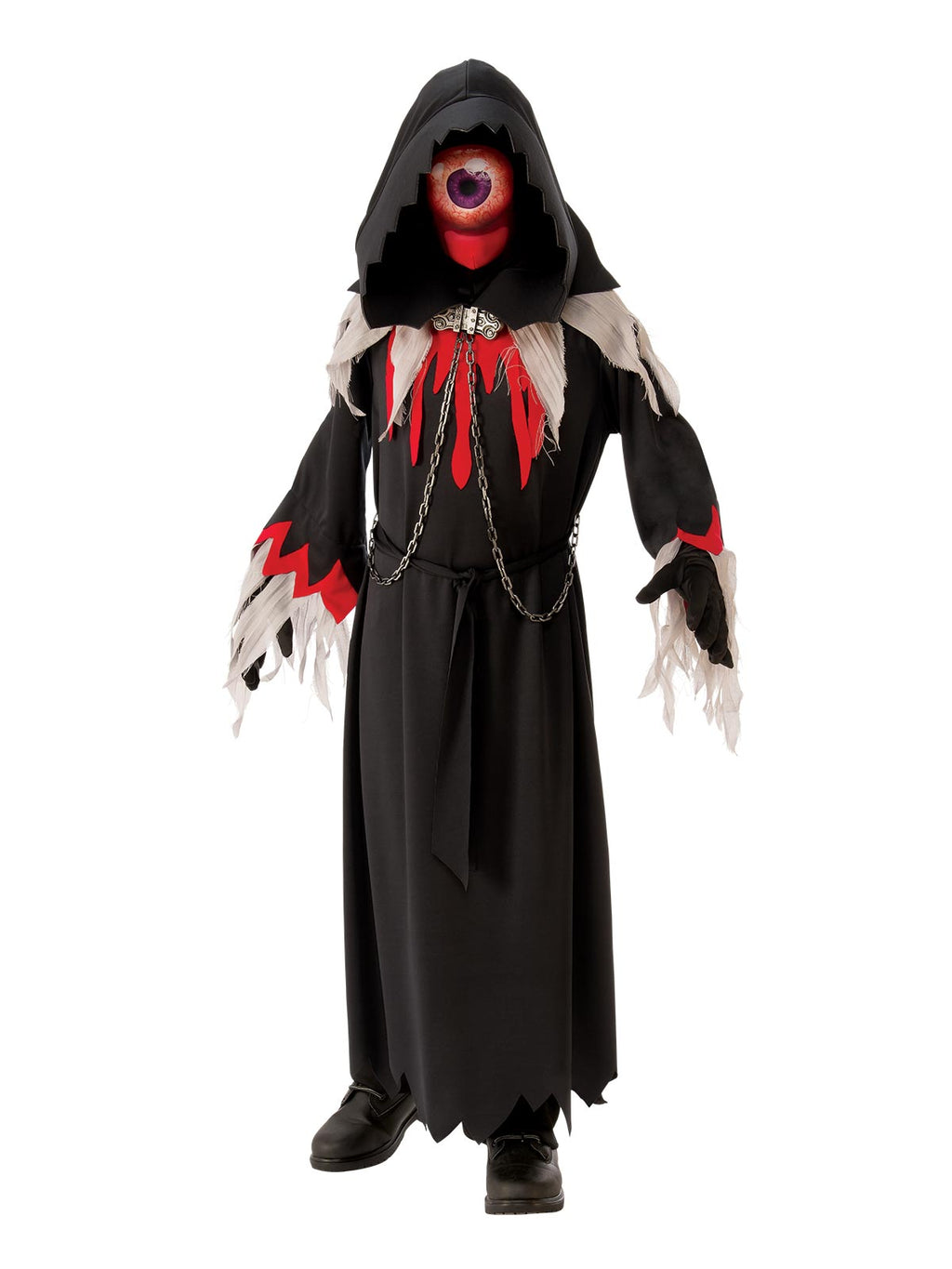 Child in black hooded robe with red and grey jagged trim, dripping collar and eye mask