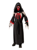 Child in black hooded robe with red and grey jagged trim, dripping collar and eye mask