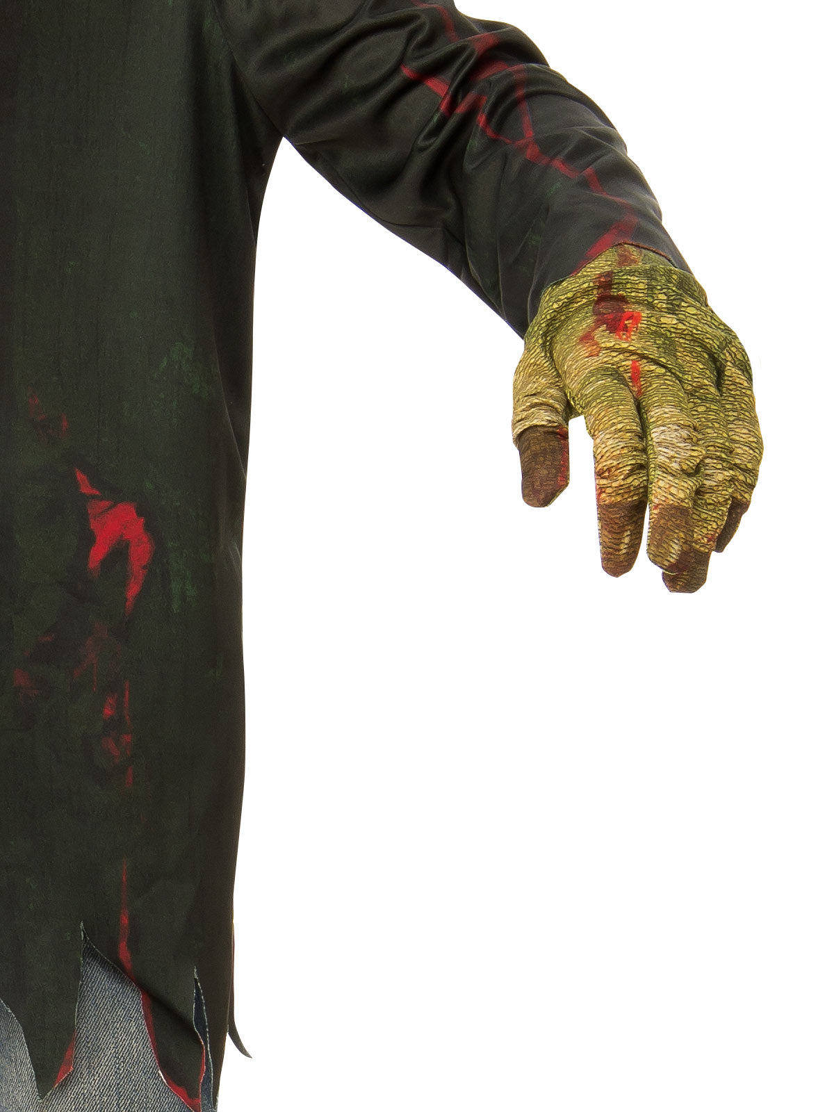 Close-up of the Zombie Avenger shirt's torn sleeve and printed zombie glove