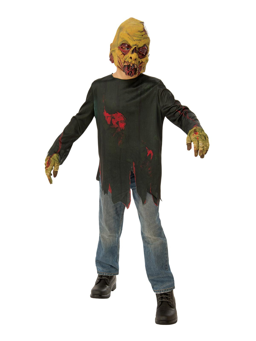Child in a Zombie Avenger costume with tattered printed shirt, blood splatter, clawed gloves and rotting moulded mask