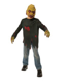 Child in a Zombie Avenger costume with tattered printed shirt, blood splatter, clawed gloves and rotting moulded mask