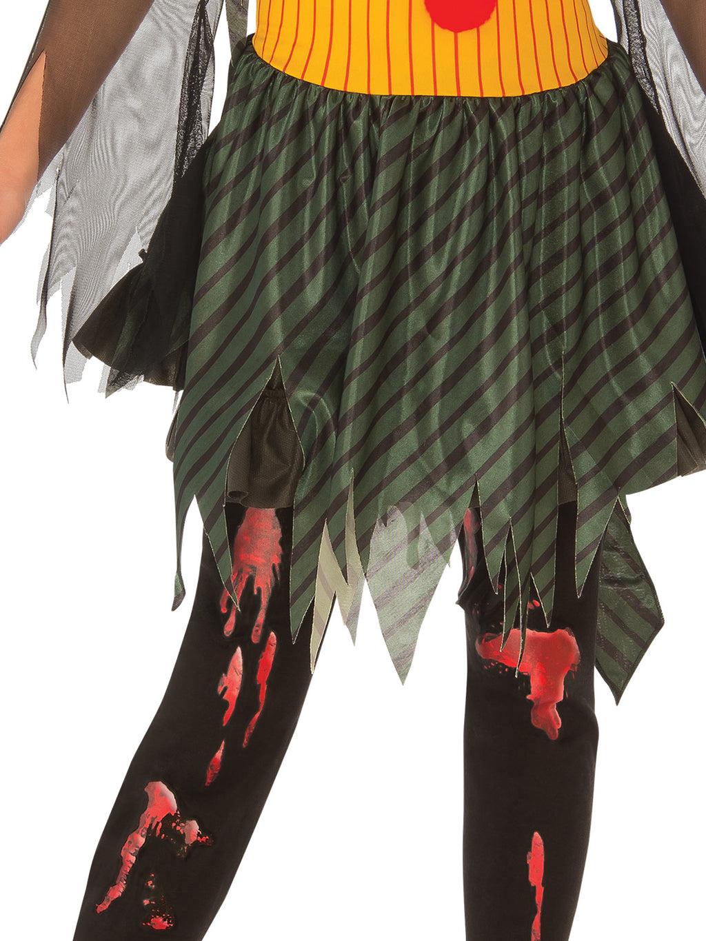 Close-up of the zombie clown dress's jagged striped skirt and blood-print tights