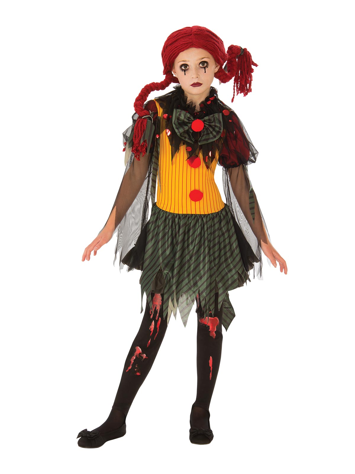 Girl in a zombie clown dress with pom pom bodice, ruffle collar, jagged skirt, printed tights and red plait wig