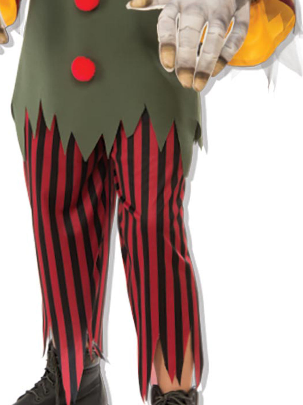 Close-up of the crazy clown's zigzag hem top and red and black striped pants