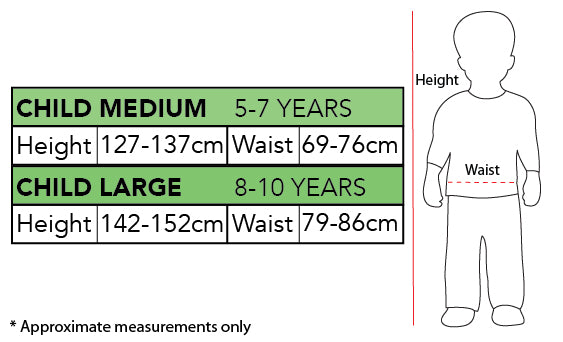 Size chart for the Crazy Clown Costume, Child
