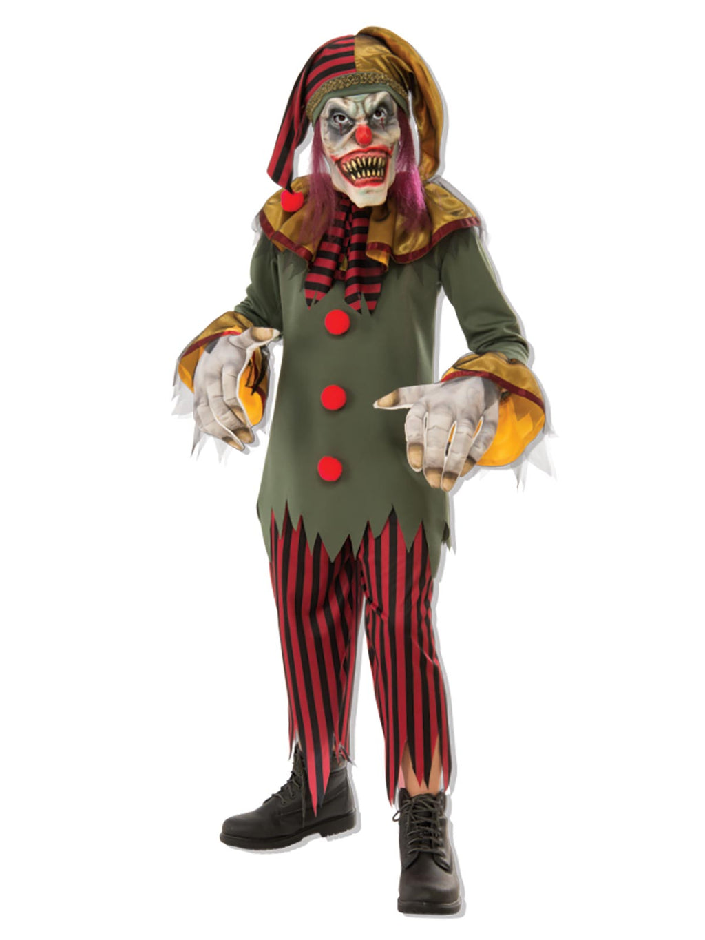 Child in creepy clown costume with green top, frill collar, striped pants, jester mask and gloves