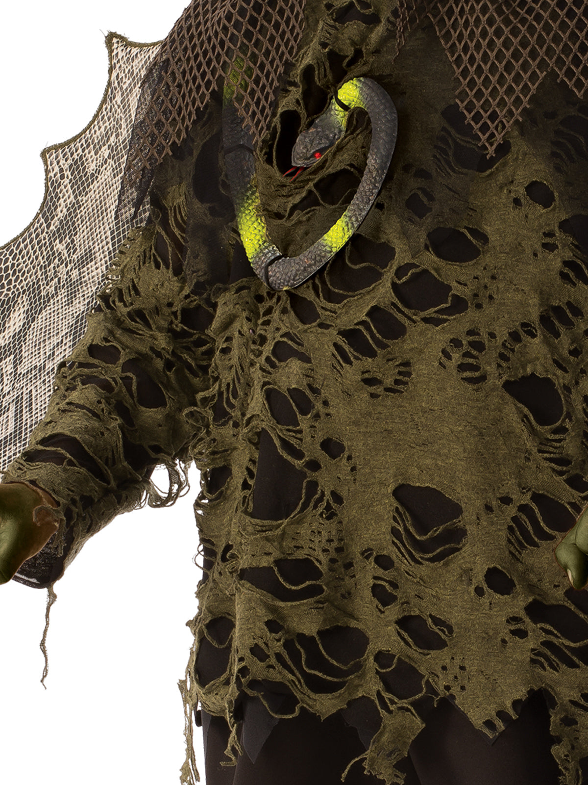 Close-up of the Swamp Boy top's stylised holes, netted frill and attached novelty snake