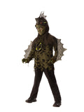 Child in a Swamp Boy lizard costume with tattered mossy top, netted crest hood and webbed sleeve frills