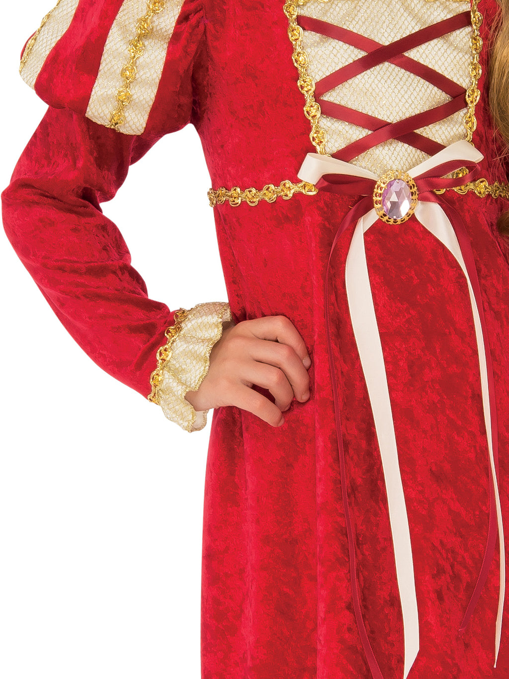 Close-up of the Medieval Princess red velour bodice with cross-laced ribbon and gold-trimmed Juliet sleeves