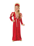 Girl in the Medieval Princess costume with a long red velour dress, laced bodice, gold trim and tiara headband