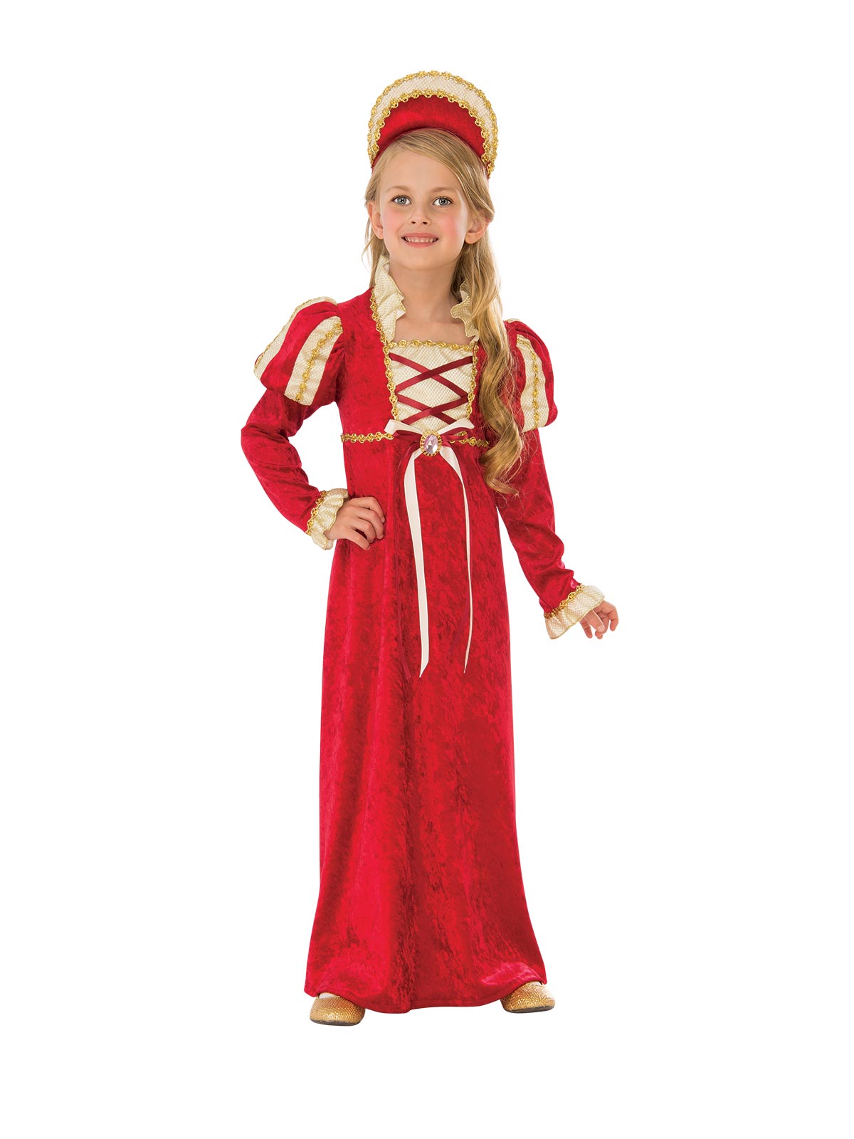 Girl in the Medieval Princess costume with a long red velour dress, laced bodice, gold trim and tiara headband