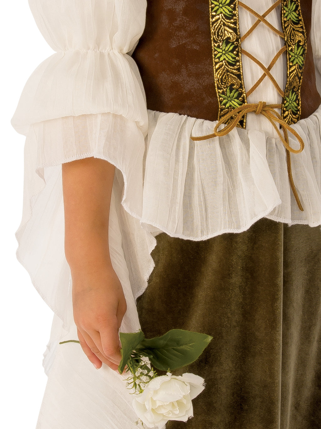 Close-up of the woodland girl dress's laced embroidered corset and ruffled cheesecloth sleeves