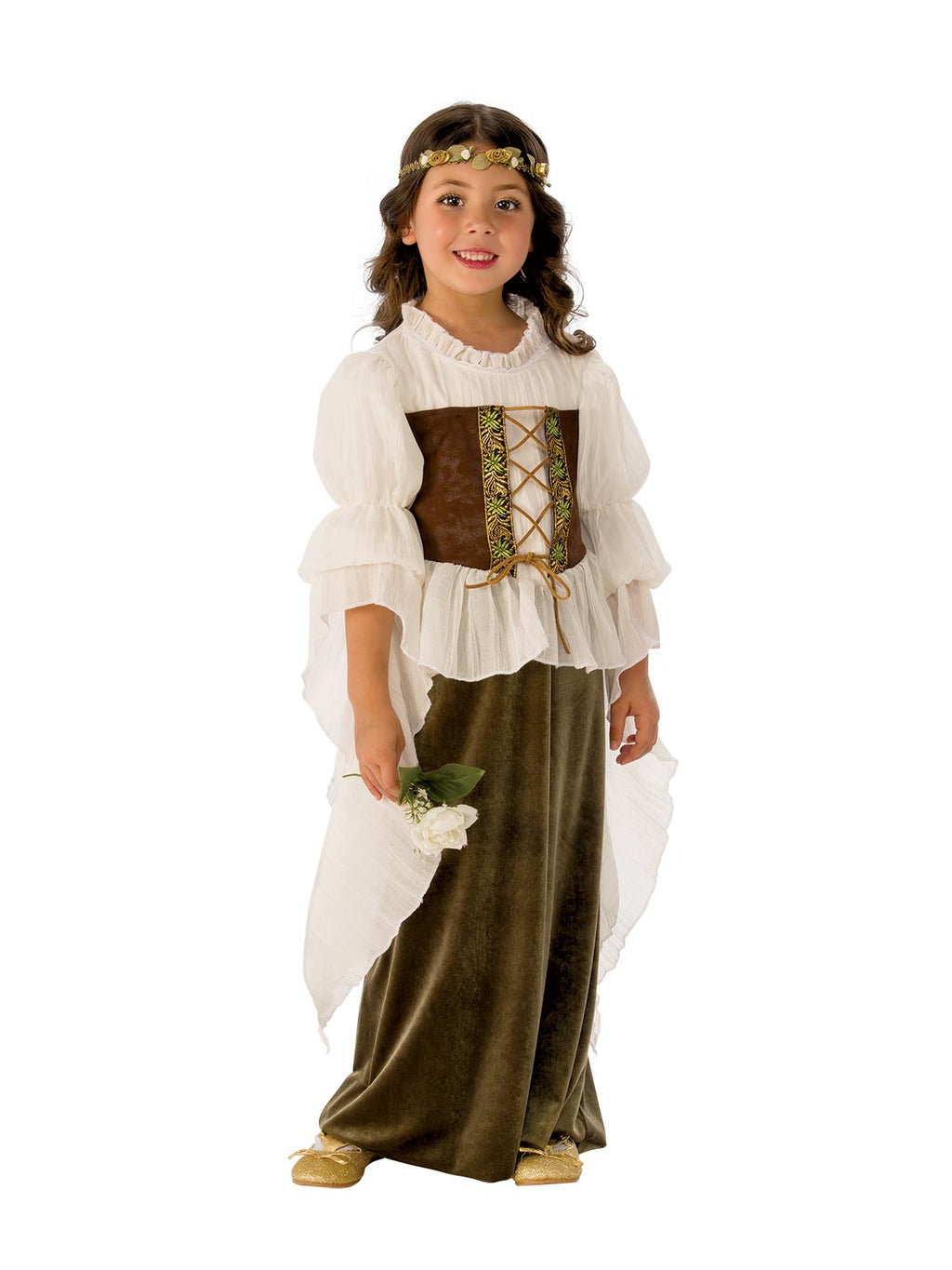 Girl wearing a woodland girl dress with cheesecloth mock shirt, embroidered corset, velour skirt and flower headband
