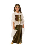 Girl wearing a woodland girl dress with cheesecloth mock shirt, embroidered corset, velour skirt and flower headband