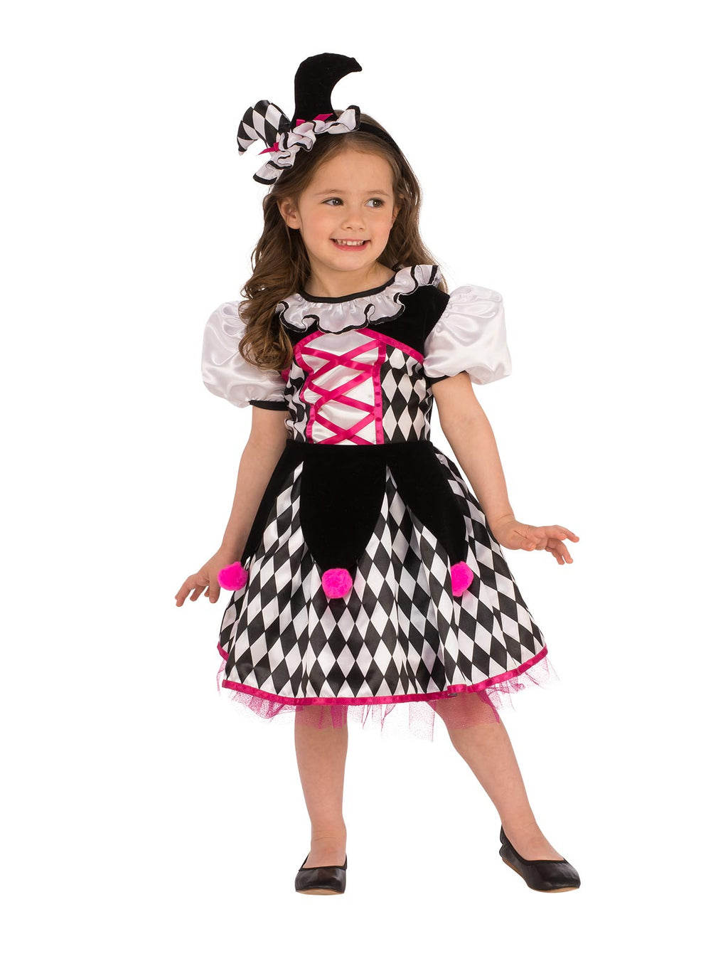 Girl in the Jester Girl dress with a black and white harlequin skirt, pink lacing and mini jester hat