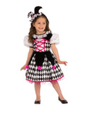 Girl in the Jester Girl dress with a black and white harlequin skirt, pink lacing and mini jester hat