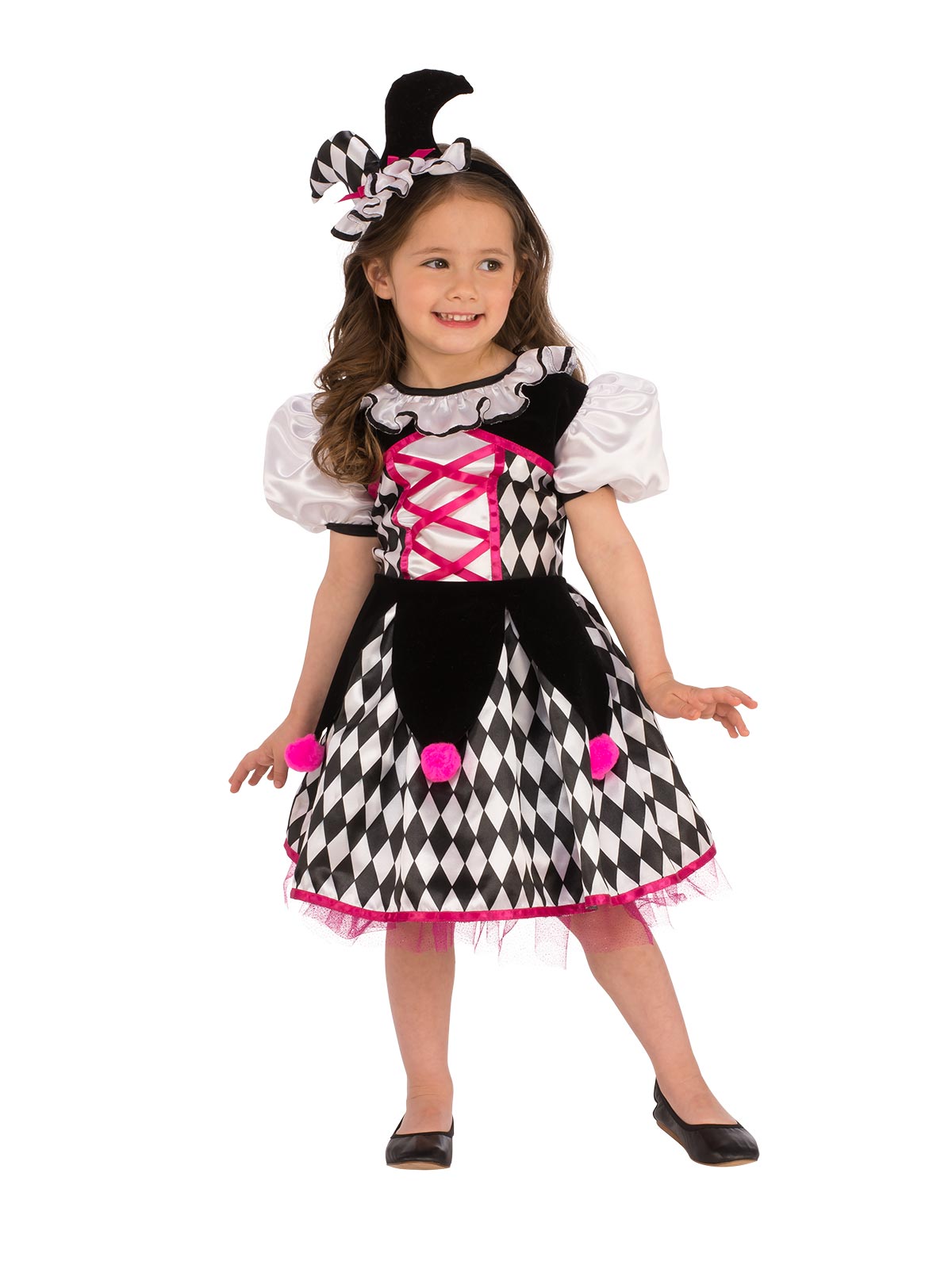 Girl in the Jester Girl dress with a black and white harlequin skirt, pink lacing and mini jester hat