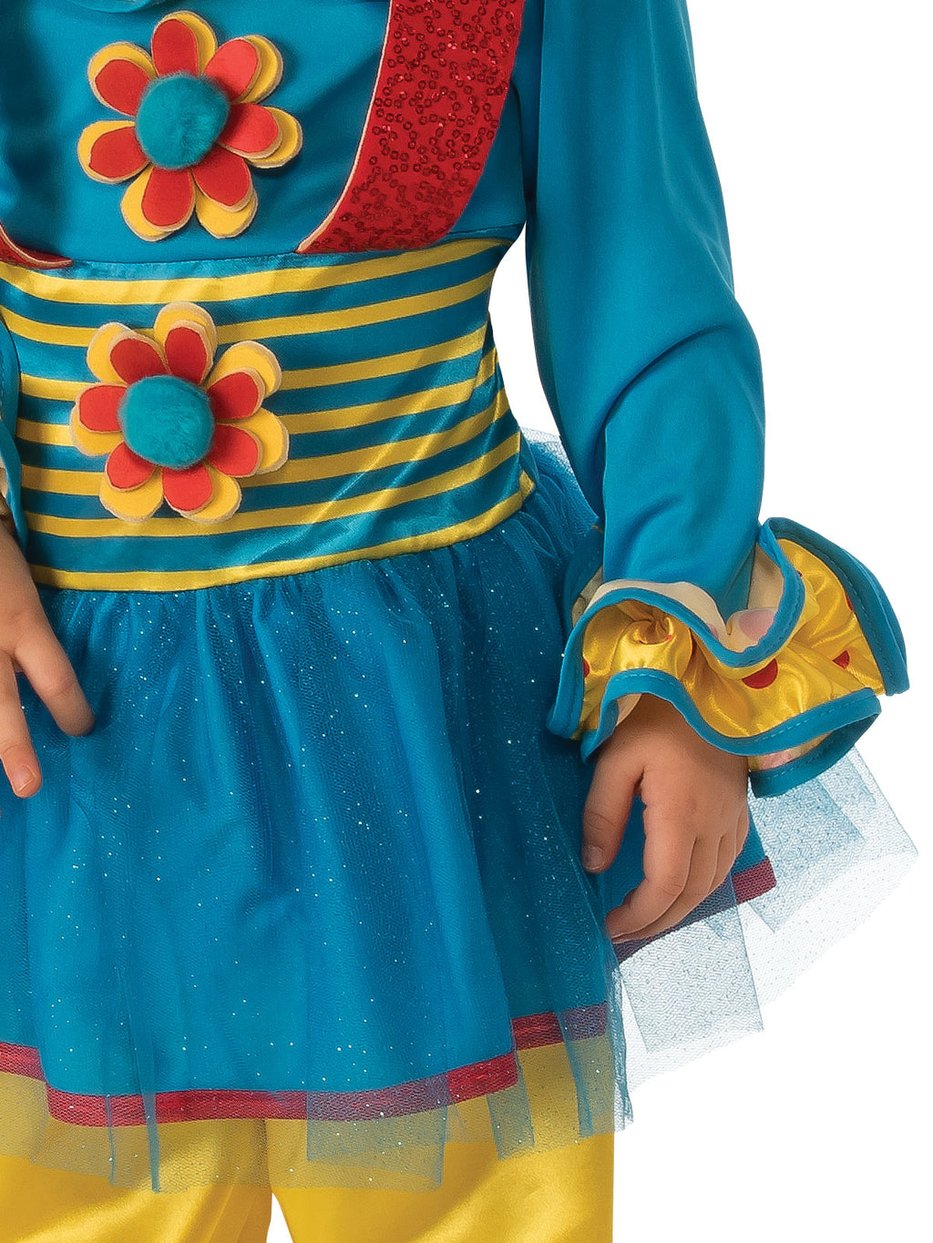 Close-up of the Dotty clown dress's flower pendants and ruffle cuff