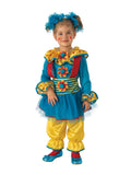 Girl in Dotty the Clown costume with blue dress, flower pendants, ruffle collar and yellow satin pants
