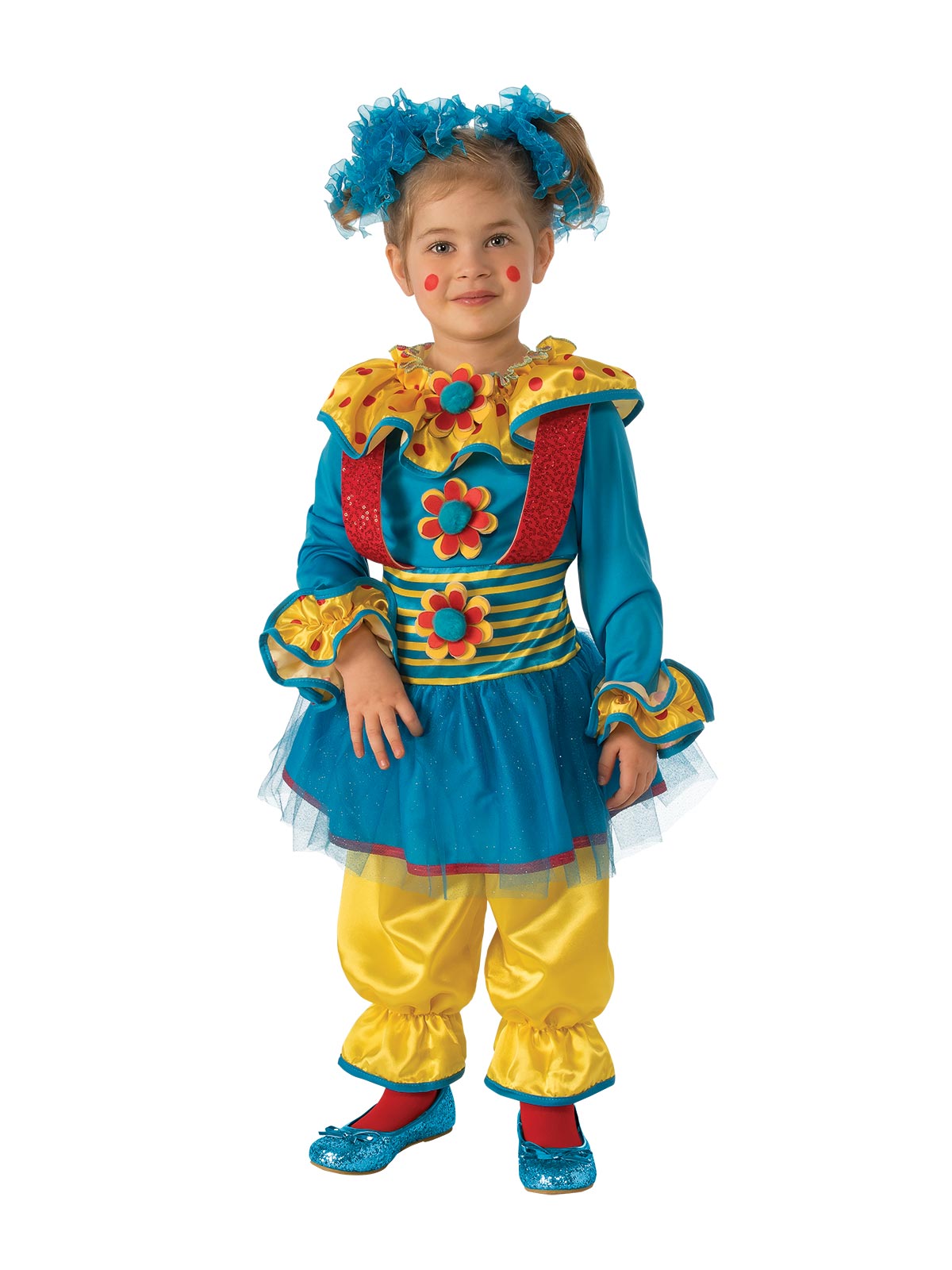 Girl in Dotty the Clown costume with blue dress, flower pendants, ruffle collar and yellow satin pants
