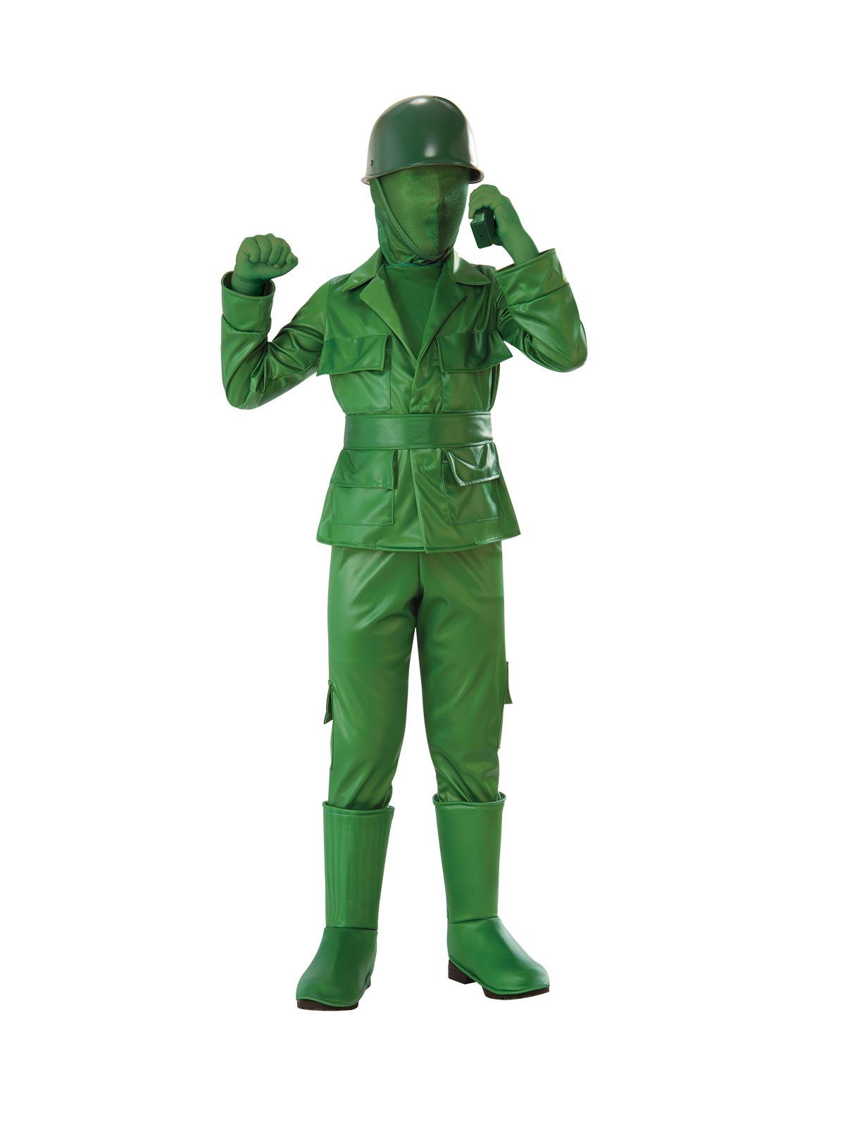 Boy in the Green Army costume, a head-to-toe green toy soldier outfit with helmet, face mask and boot tops