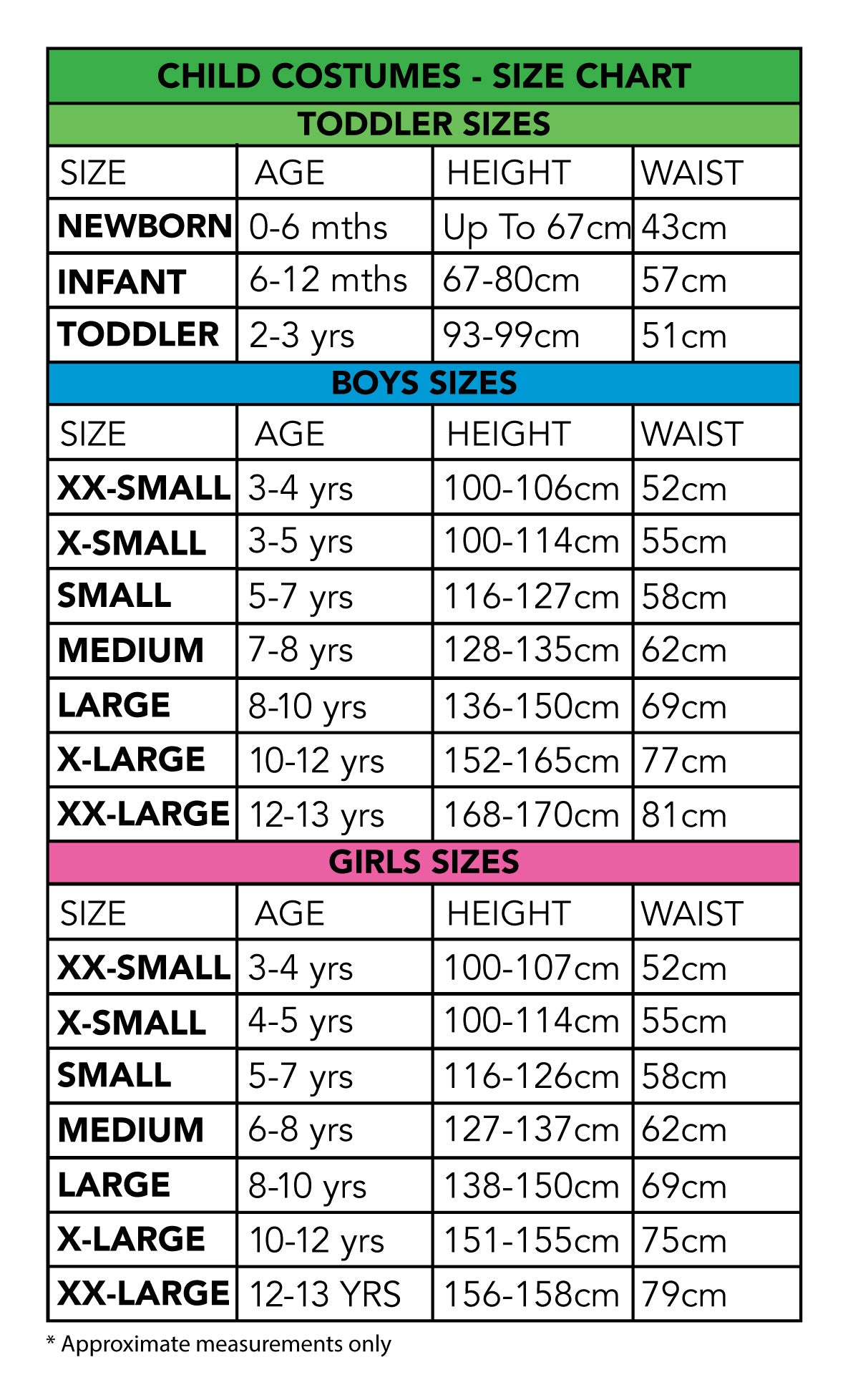 Size chart for the Inmate 101 Prisoner Costume, Child