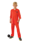 Boy in the Inmate 101 Prisoner costume with an orange V-neck top and orange pants