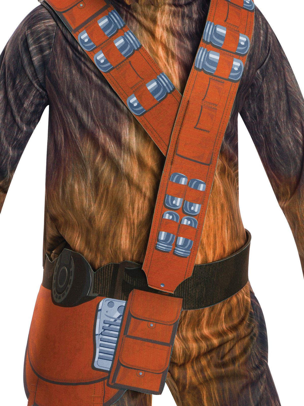 Close-up of the Chewbacca jumpsuit's fur print and orange bandolier with pouch