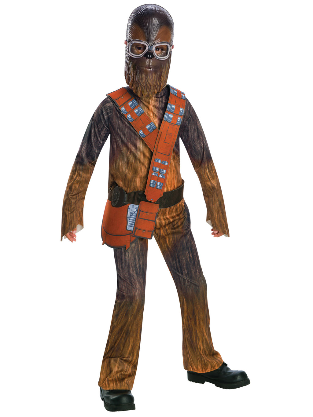 Boy in Star Wars Chewbacca classic jumpsuit with fur print, orange bandolier and goggle mask