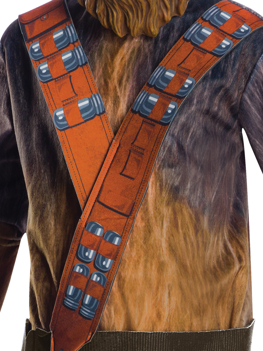 Close-up of the Chewbacca jumpsuit's fur print chest and orange bandolier